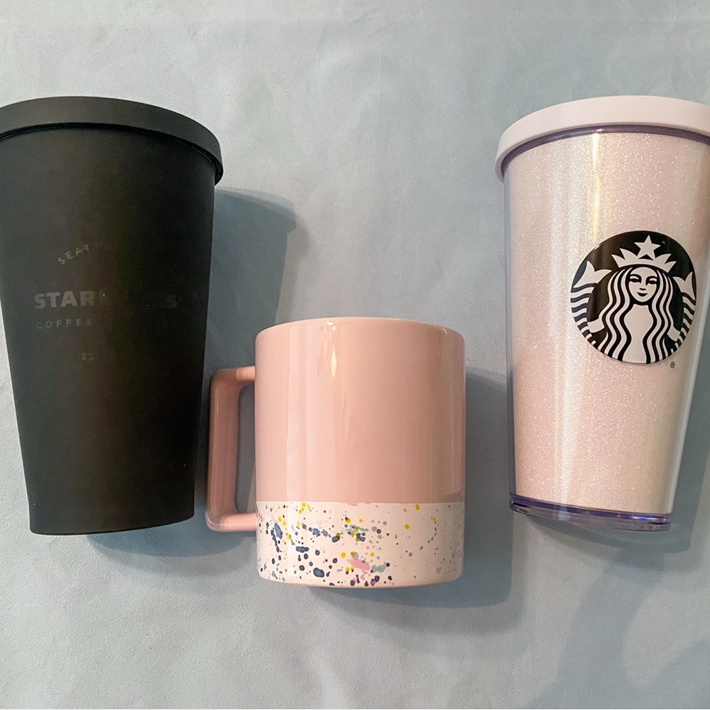 Starbucks Black, Pink, and Glittery White Drinkware Trio